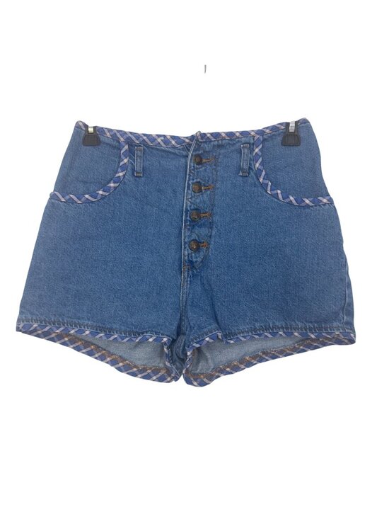 Attitude Apparel Pants - Vintage Retro High-Waisted Denim Shorts With Plaid Trim & Button Fly -Size 11/12
